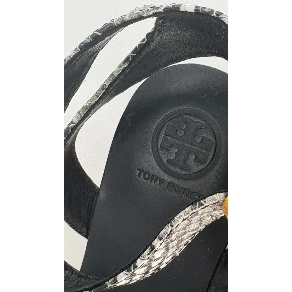 Tory‎ Burch Heels Camilla Platform Snake Embossed Leather Wooden 7.5 Black White